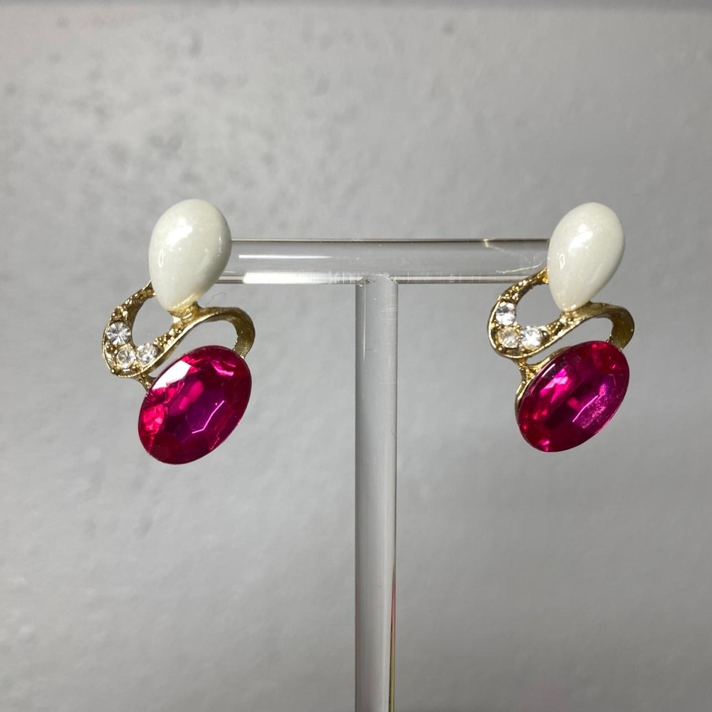 FAUX PEARL PINK OVAL GEM COSTUME GOLD EARRINGS Y2K VINTAGE STYLE GLAM BOHO CHIC